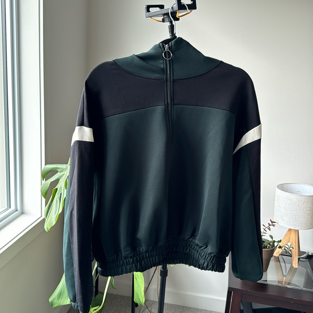 Betsey Johnson hoodie with half zip. Midnight green with black and white stripe